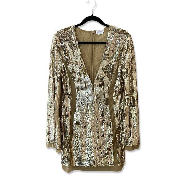 Lovers And Friends Lux Dress Gold Sequin Cocktail Mini Sheer Panel Revolve Sz XS - Picture 7 of 15